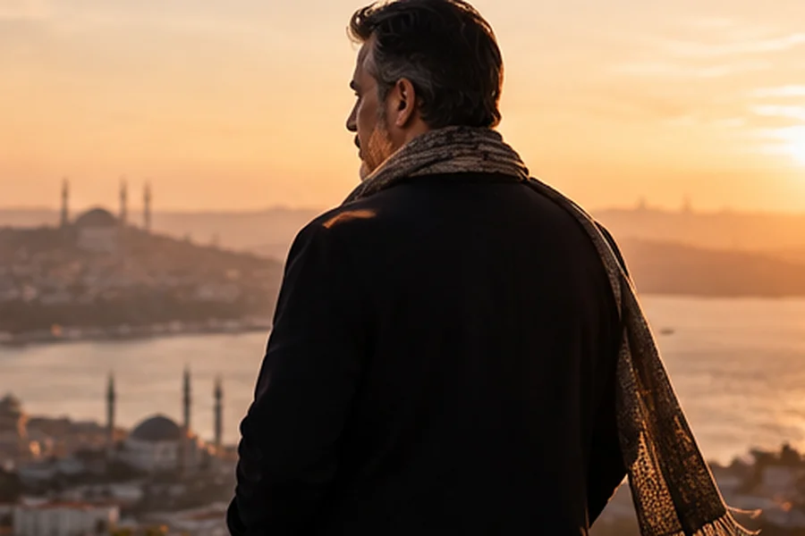 Gün batımında İstanbul silüetine bakan, sırtı dönük Şemun Hoca (temsili görsel)