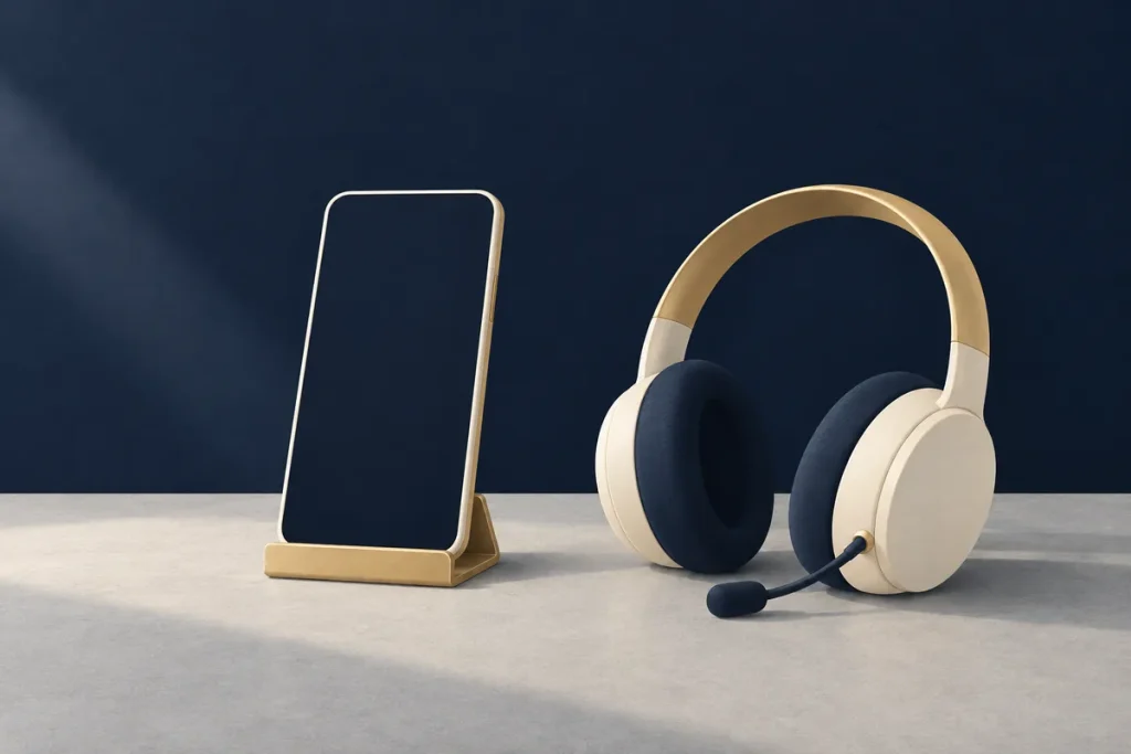 Gri masa üzerinde altın standa yerleştirilmiş boş ekranlı telefon, yanında krem ve lacivert mikrofonlu kulaklık.