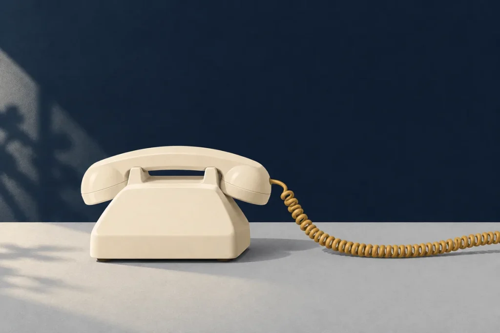 Gri masa üzerinde ahizesi yerinde duran sade krem masa telefonu, sağa uzanan altın sarmal kablo ve lacivert arka plan.