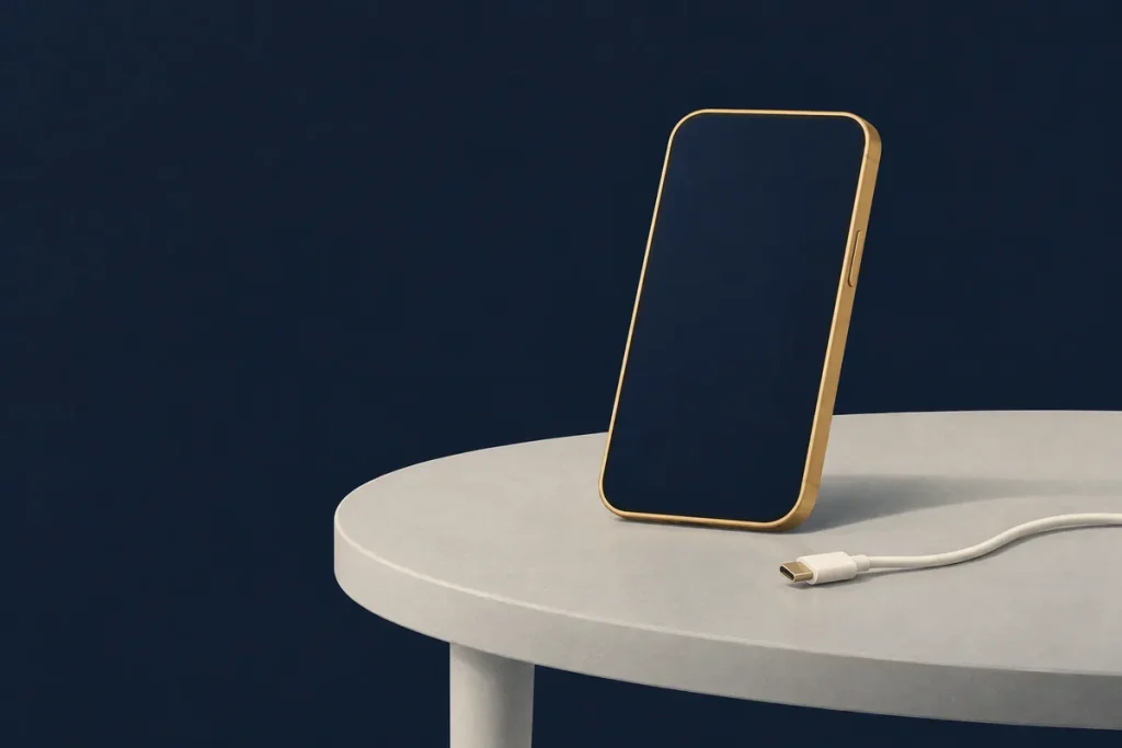 Açık gri sehpa üzerinde boş ekranlı, altın çerçeveli telefon ve yanında bağlantısı çıkarılmış krem renkli kablo.